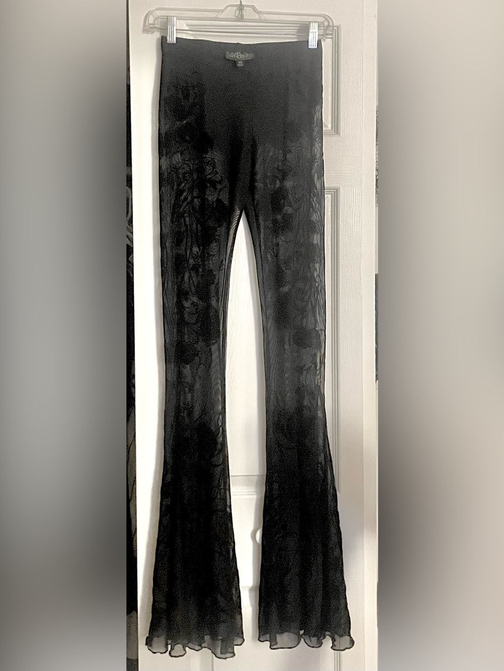 Black see through flare black rose pants